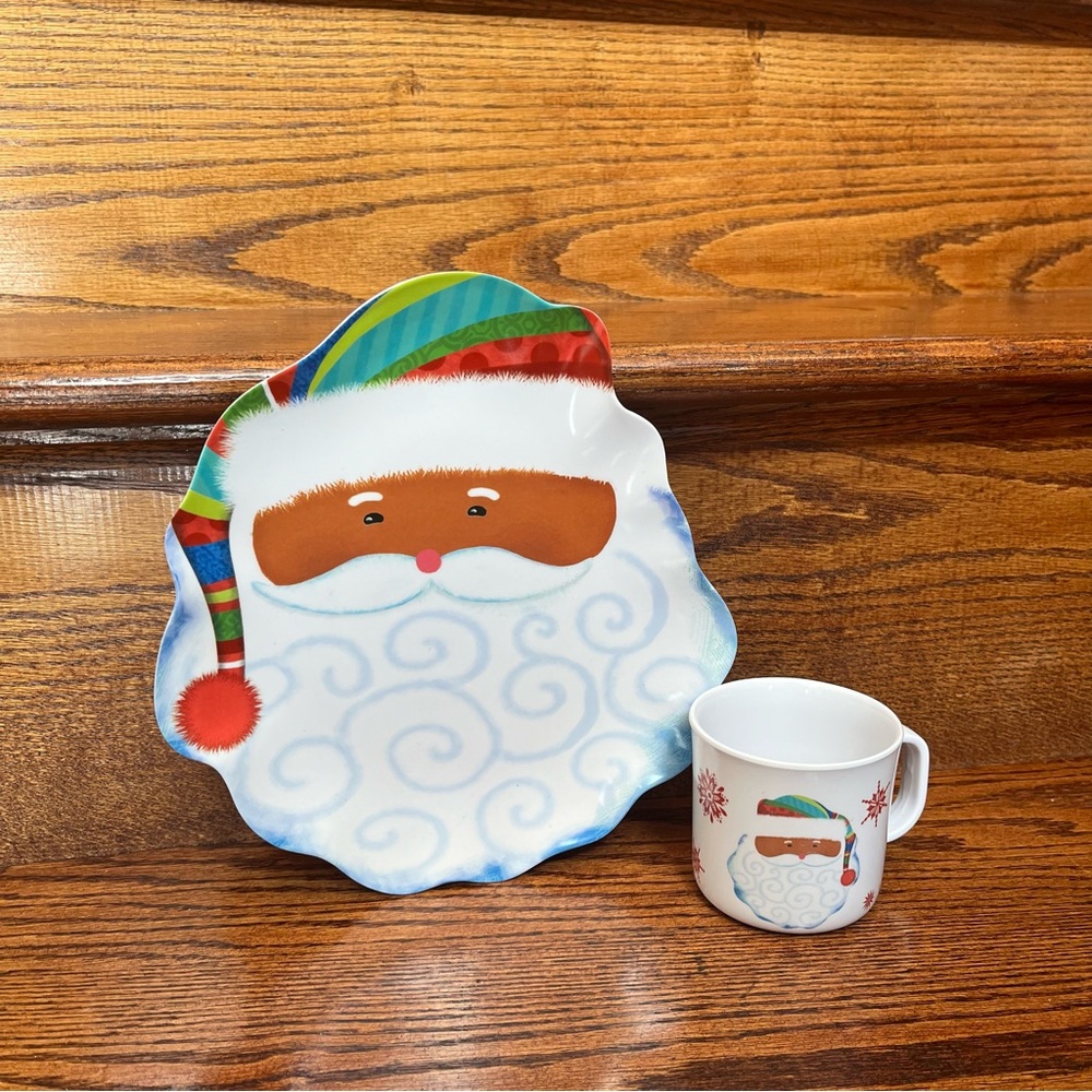 Childs Melamine African American Santa Christmas Holiday Plate With Matching Mug